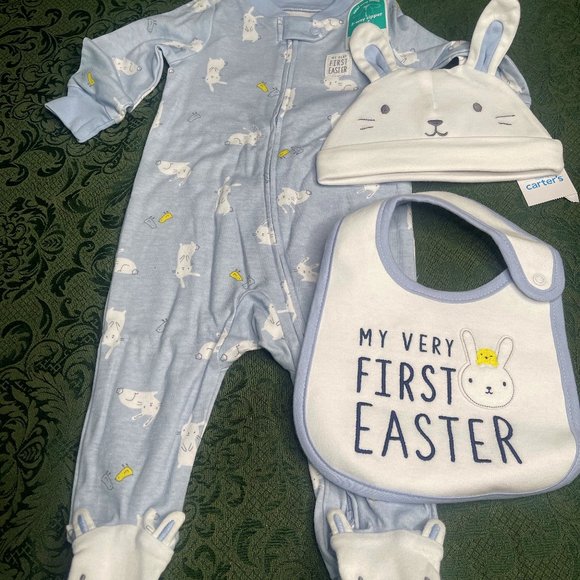 NWT NB 6-9 0 3-6 Easter bib hat sleeper carters layette baby shower present gift - Picture 2 of 10
